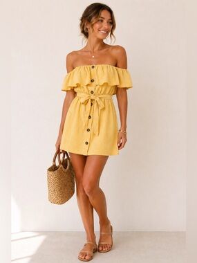 One Clothing LA Yellow Ruffle Midi Dress Button Front Resort Summer